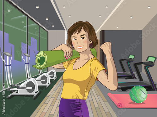 A young woman is smiling while holding a yoga mat in the gym. Vector character illustration with cheerful pastel colors. Sports activity, healthy lifestyle, weight loss