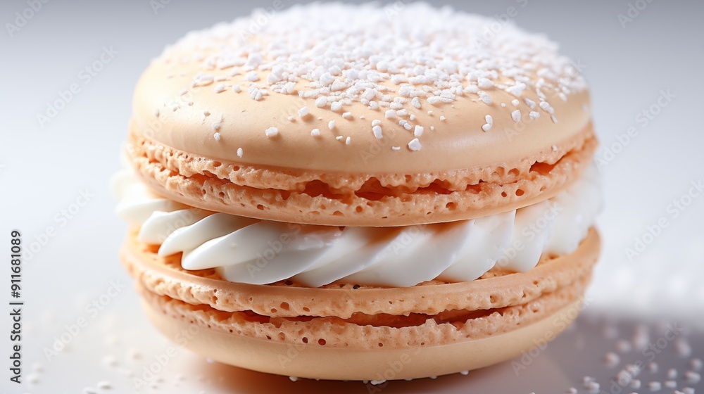 Close view of a fresh macaron, with delicious textures, front view from above, studio lighting, white background. Close view of a fresh macaron, with delicious textures, front view from above, studio lighting, white background.