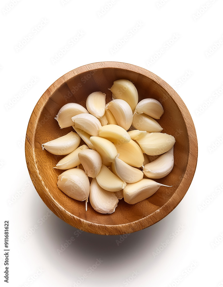 sliced garlic in wooden bowl isolated on white background sliced garlic in wooden bowl isolated on white background