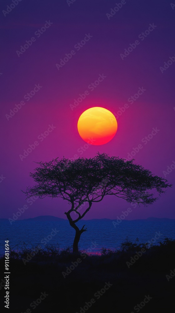Obraz premium Majestic African Sunset with Vibrant Colors and Scenic Horizon View in Photorealistic Detail
