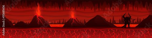 Burning hell landscape with volcanoes and demon