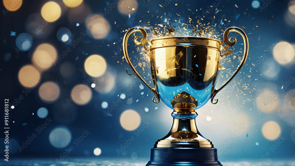 Generative AI Champion Trophy with Flames and Confetti on Blue Background Generative AI Champion Trophy with Flames and Confetti on Blue Background