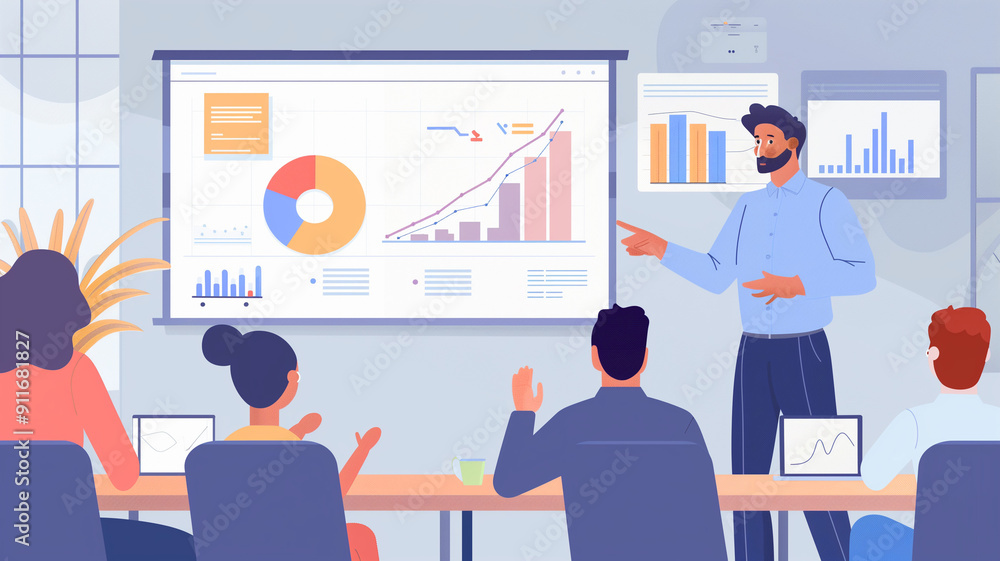 A marketing manager presenting a successful AI-driven campaign strategy to the team A marketing manager presenting a successful AI-driven campaign strategy to the team