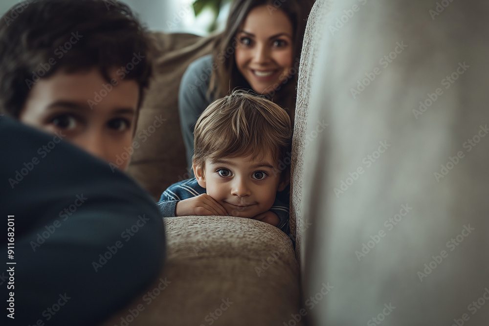 Caucasian Family Playing Hide and Seek at Home with Happy Young Child in Foreground Caucasian Family Playing Hide and Seek at Home with Happy Young Child in Foreground