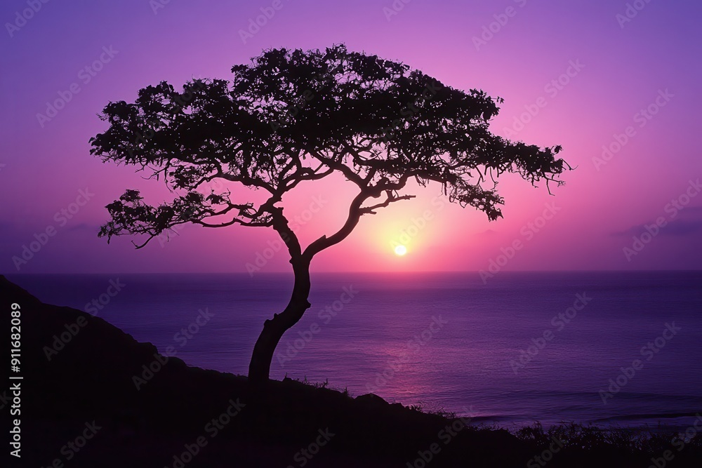 Serene African Sunset: Silhouetted Tree in Paul Capellet Style with Ocean and Purple-blue Sky Backdrop Serene African Sunset: Silhouetted Tree in Paul Capellet Style with Ocean and Purple-blue Sky Backdrop