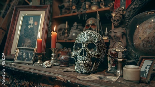 Ornate skull and candlelit altar in a dark, mysterious room filled with artifacts photo