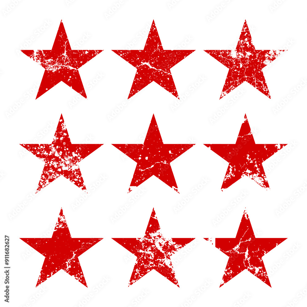 Fototapeta premium Red vintage stars with cracks and stains. Old hand-drawn sign, black simple shape. Retro design element with distressed effect, grunge texture. Vector illustration