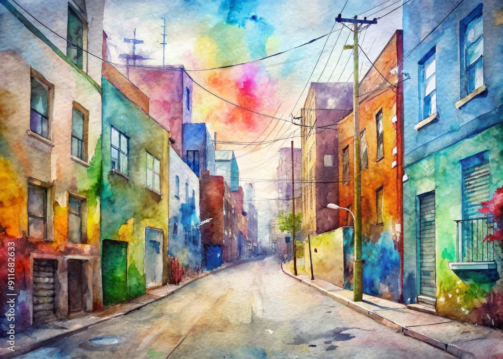 Fototapeta premium Vibrant urban street scene with colorful graffiti-adorned buildings, faded paint signs, and worn brick walls, conveying a sense of gritty, artistic city living.