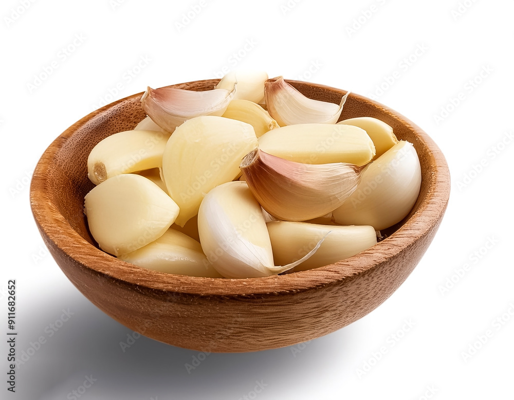 sliced garlic in wooden bowl isolated on white background sliced garlic in wooden bowl isolated on white background