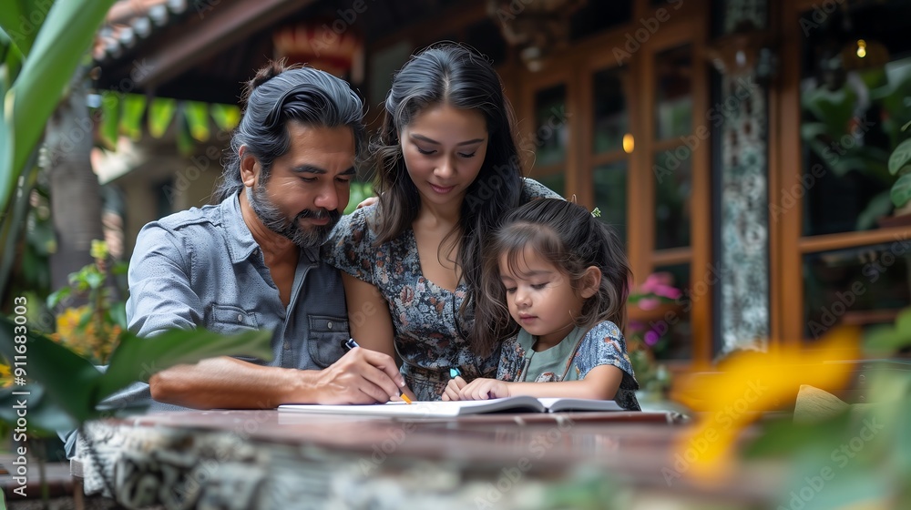 School kid is doing a homework with parents School kid is doing a homework with parents
