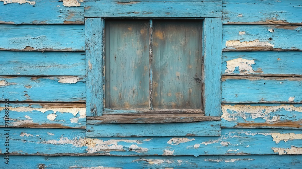 Naklejka premium Textured blue wood siding with an aged and cracked paint surface, showcasing raw vulnerability in a Henri Le Fauconnier-inspired style, surrounded by dusty piles