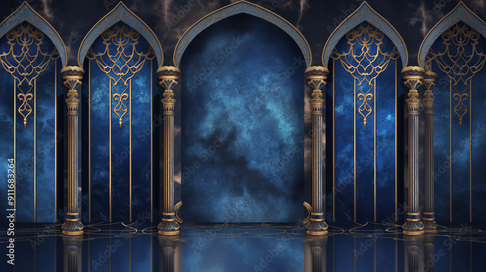 Naklejka premium A blue room with arched windows and pillars