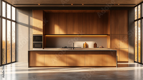 Wallpaper Mural Modern Kitchen Mockup with Stylish Cabinetry, Island, and Blank Wall for Text/Graphics Showcase Torontodigital.ca