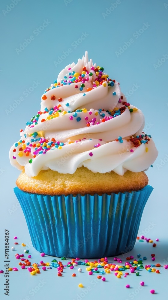 Sweet and Festive Cupcake with Colorful Sprinkles on Blue Paper in Sharp Focus, White Frosting, Festive Lighting, Isolated on White Background Sweet and Festive Cupcake with Colorful Sprinkles on Blue Paper in Sharp Focus, White Frosting, Festive Lighting, Isolated on White Background