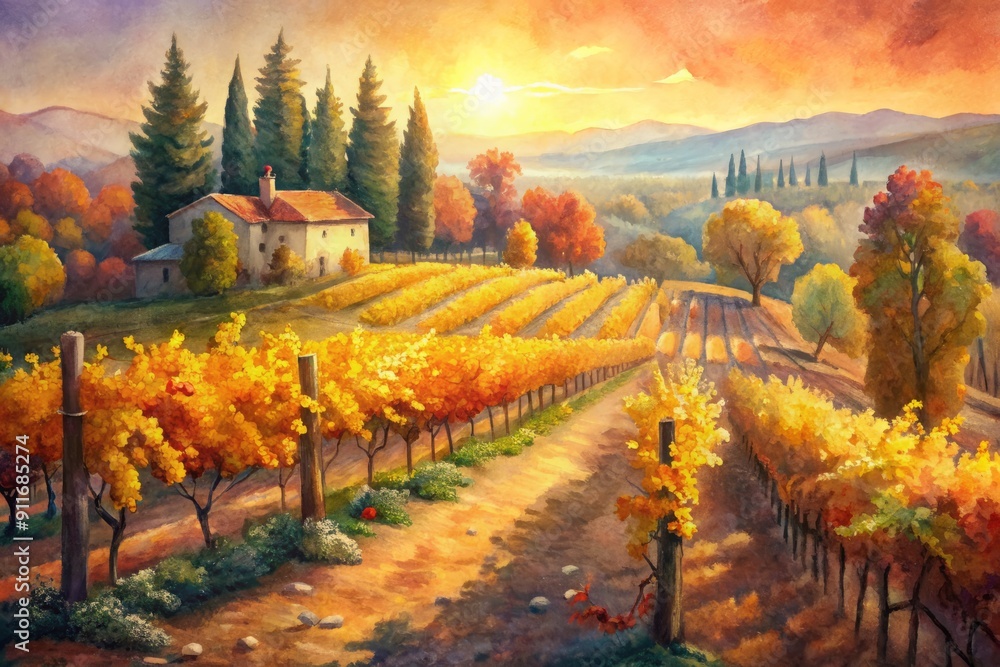 Naklejka premium Vibrant autumn scene of a rustic vineyard after harvest, with rows of lush vines, worn stone paths, and a wine-tasting setup bathed in warm golden sunlight.