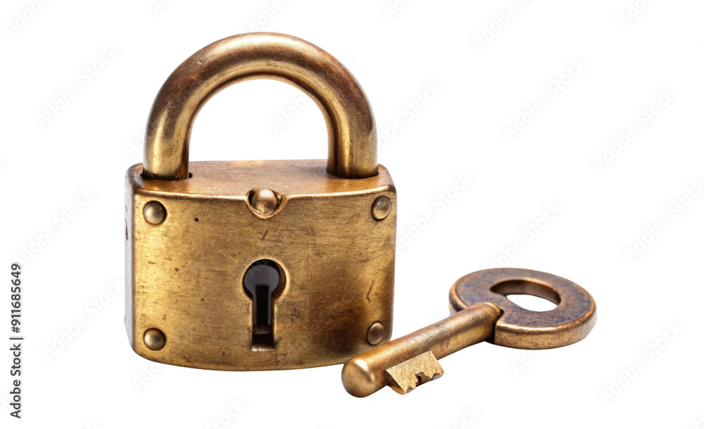 Brass padlock with an old-fashioned key isolated on a transparent background. Brass padlock with an old-fashioned key isolated on a transparent background.