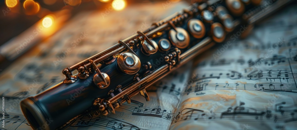 Naklejka premium Oboe on Sheet Music with Warm Lights
