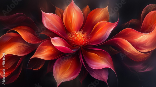Vibrant digital illustration of a fiery flower with flowing petals in red, orange, and pink hues against a dark background, showcasing dynamic and vivid artistry.