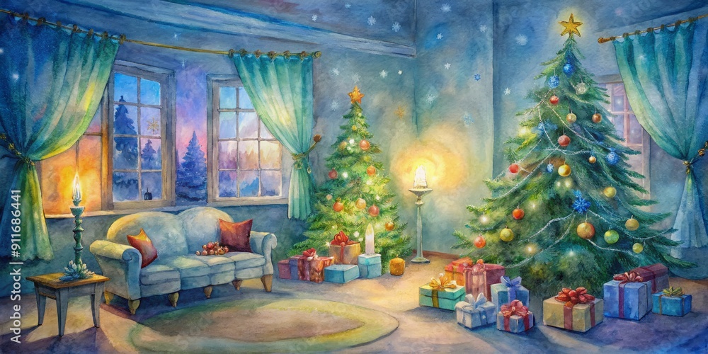 Fototapeta premium Cozy living room scene on Christmas Eve featuring decorated lighted trees, piles of colorfully wrapped gift boxes, and a warm festive atmosphere.