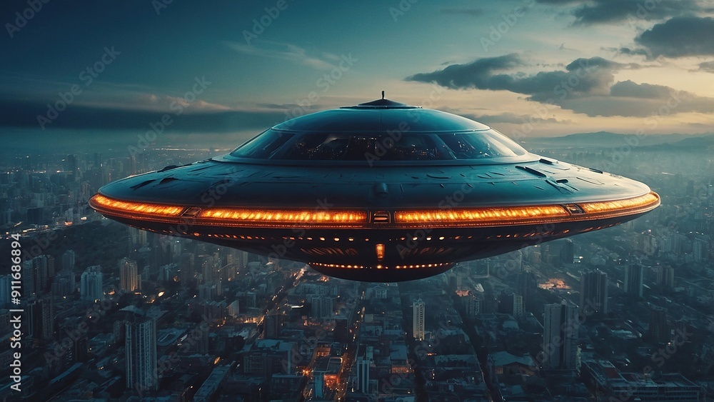 Mysterious Flying Saucer Hovering Over Skyline During Evening Twilight in Urban City Mysterious Flying Saucer Hovering Over Skyline During Evening Twilight in Urban City