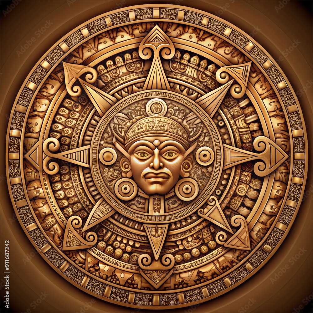 Fototapeta premium Golden Aztec Calendar, Circular Design, Intricate Detail, Mayan Symbolism, Aztec , Calendar , Mayan