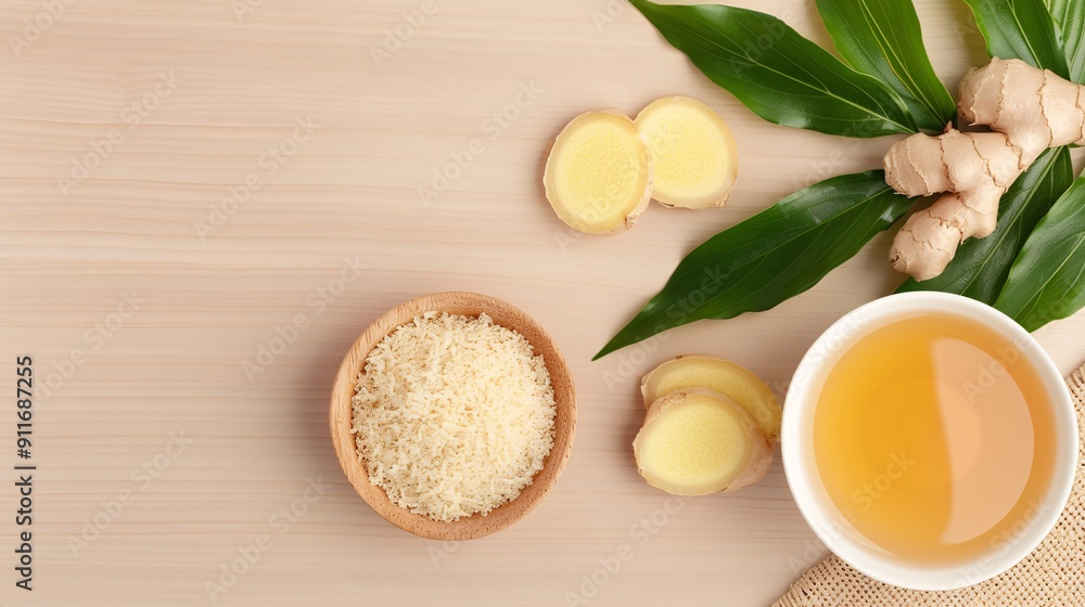 Cup of ginger tea with sesame seeds on a bamboo mat. Minimalistic flat lay style with space for text. Ideal for banners, marketing materials, backgrounds, and beverage-related designs.
Cup of ginger tea with sesame seeds on a bamboo mat. Minimalistic flat lay style with space for text. Ideal for banners, marketing materials, backgrounds, and beverage-related designs.