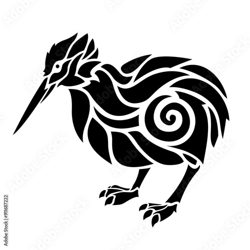 Black and white tattoo with stylized bird kiwi