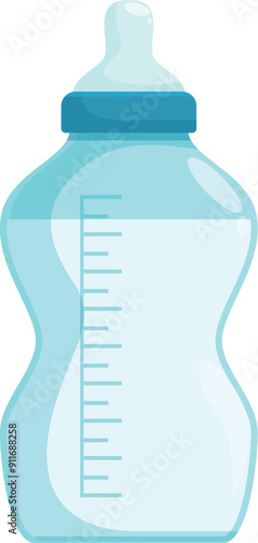 Blue baby bottle full of milk with scale, isolated on white background