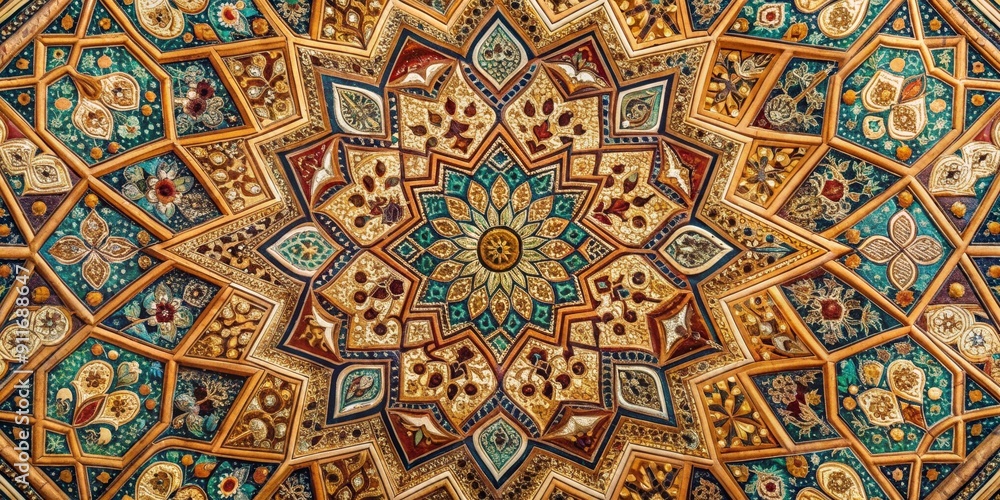 Intricate Mosaic Ceiling, Geometric Patterns, Islamic Architecture, Golden Hues, Teal Accents, Mosaic Tile, Islamic Art Intricate Mosaic Ceiling, Geometric Patterns, Islamic Architecture, Golden Hues, Teal Accents, Mosaic Tile, Islamic Art