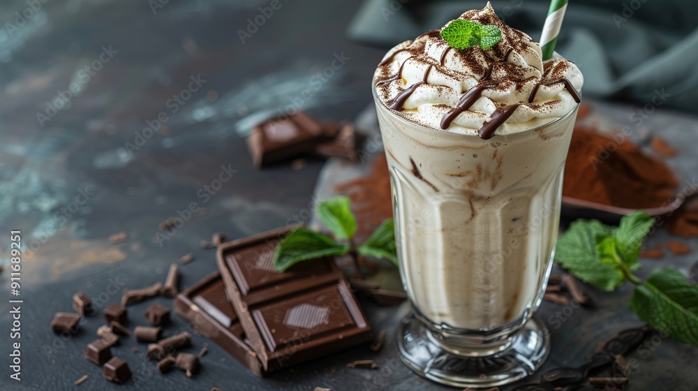 Mouthwatering milkshake with mint, milk and ice cream and near the glass. Chocolate as a decoration on the whipped topping on the top of the cocktail. Fresh taste for hot weather. 1 Mouthwatering milkshake with mint, milk and ice cream and near the glass. Chocolate as a decoration on the whipped topping on the top of the cocktail. Fresh taste for hot weather. 1