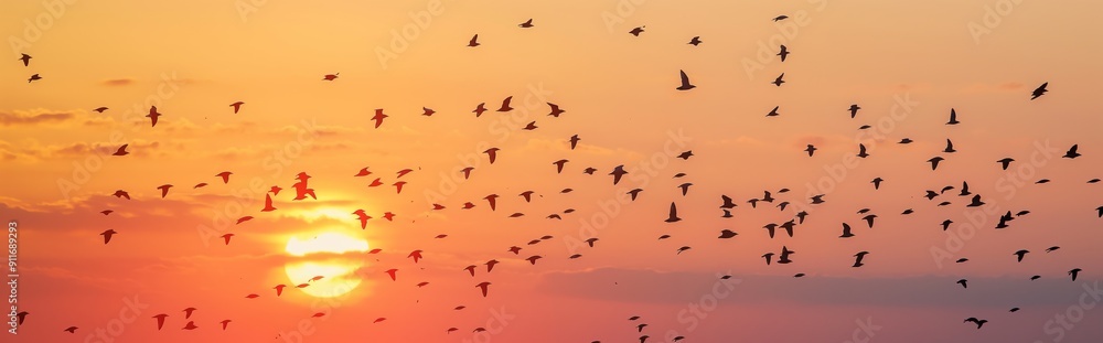 Birds migrate in the sky, forming a beautiful pattern against the sunset background Birds migrate in the sky, forming a beautiful pattern against the sunset background