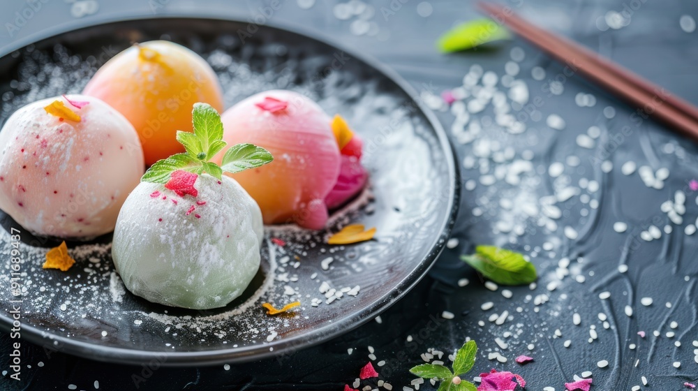 Colorful Mochi Dessert on a Black Plate with Garnish Colorful Mochi Dessert on a Black Plate with Garnish