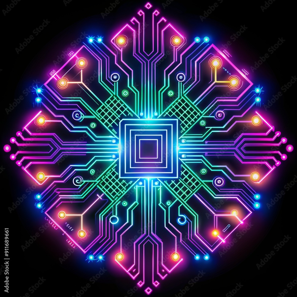 Obraz premium Neon Circuitry Glowing Lines, Vibrant Colors, Digital Network, Cyberpunk, Abstract Art , neon , circuit