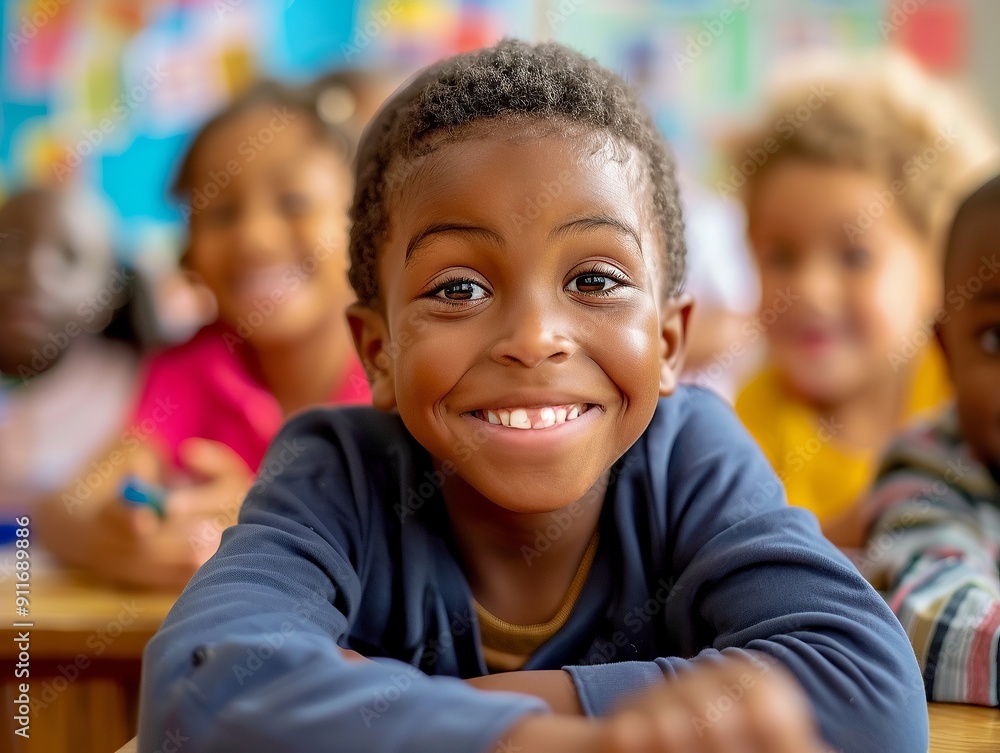A cheerful boy with a big smile sits in a colorful classroom, surrounded by his classmates, enjoying a learning activity. A cheerful boy with a big smile sits in a colorful classroom, surrounded by his classmates, enjoying a learning activity.