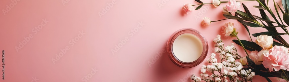Aesthetic flat lay of skincare cream jar surrounded by flowers on a pastel pink background. Perfect for beauty, wellness, and lifestyle concepts. Aesthetic flat lay of skincare cream jar surrounded by flowers on a pastel pink background. Perfect for beauty, wellness, and lifestyle concepts.