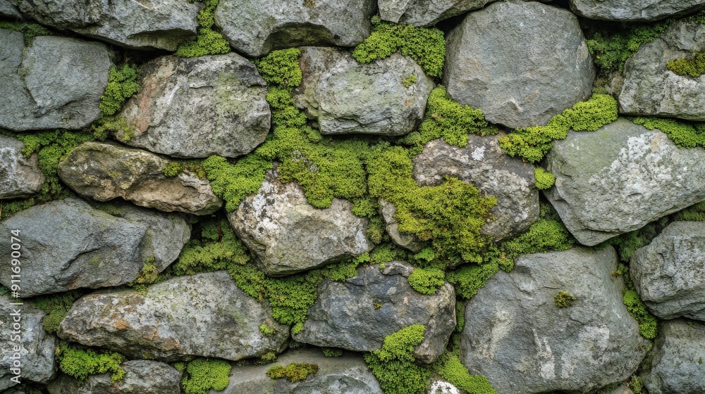 Textured stone wall surface with an intricate pattern of moss, highlighting the green growth against a backdrop of weathered stones and natural texture Textured stone wall surface with an intricate pattern of moss, highlighting the green growth against a backdrop of weathered stones and natural texture