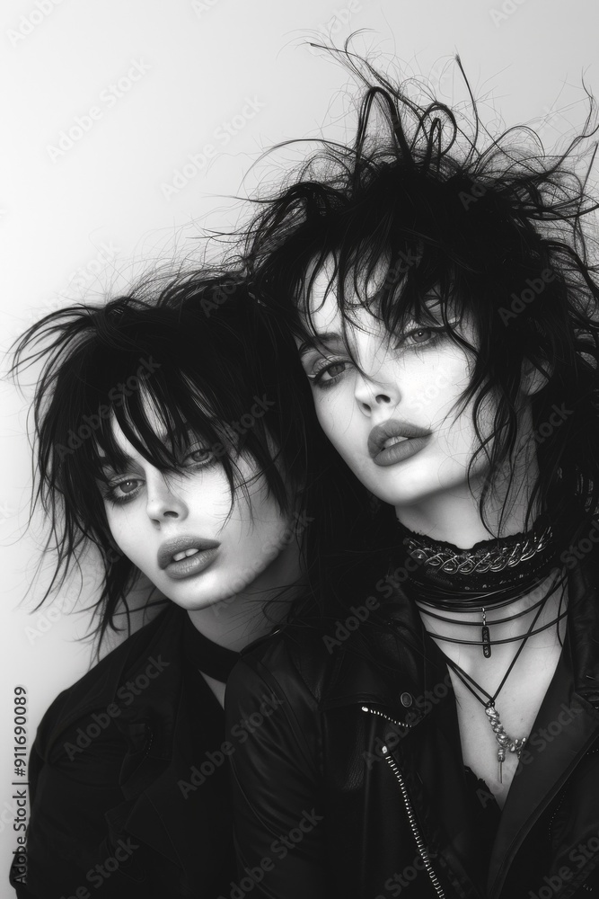 Brunette Goth punk style inspired women, fashion and make-up shoot black and white Portrait. Gothic, Goth, Emo, New Wave, Dark style fashion. Dark smokey make. Dramatic. Elegant. Retro. Brunette Goth punk style inspired women, fashion and make-up shoot black and white Portrait. Gothic, Goth, Emo, New Wave, Dark style fashion. Dark smokey make. Dramatic. Elegant. Retro.