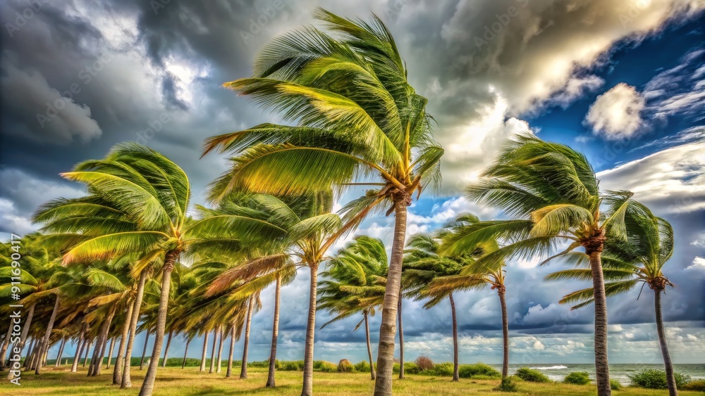 Palm Trees Swaying in the Wind, Vibrant Greens and Blues, Dramatic Cloudscape, Tropical Landscape, palm trees, beach, wind Palm Trees Swaying in the Wind, Vibrant Greens and Blues, Dramatic Cloudscape, Tropical Landscape, palm trees, beach, wind