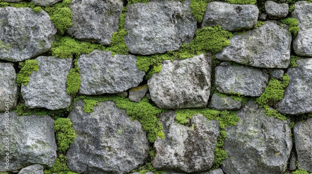 Textured stone wall with patches of moss growing across the surface, forming a detailed pattern of green and gray tones, with visible stone textures Textured stone wall with patches of moss growing across the surface, forming a detailed pattern of green and gray tones, with visible stone textures