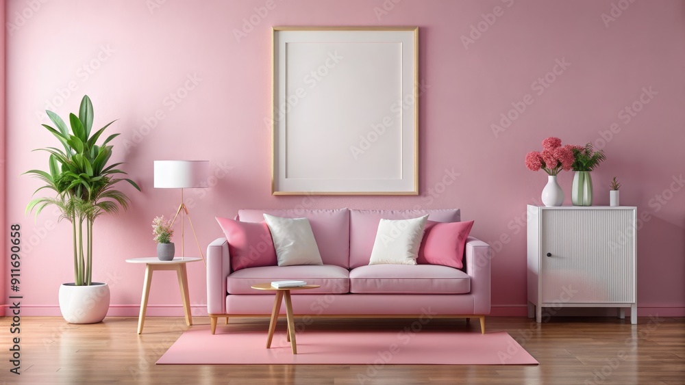 Fototapeta premium Pink Living Room with Gold Frame and Pink Sofa, Interior Design, Home Decor, Minimalist, Modern , interior design , home decor
