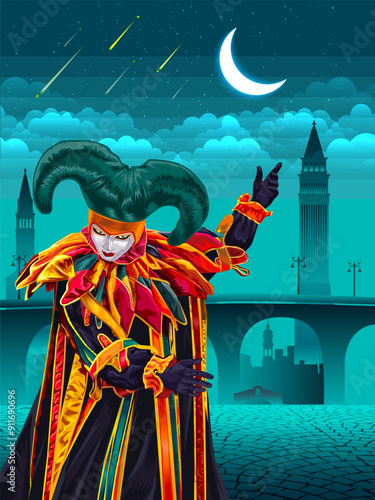 A Venetian masked model posed during the night of the Carnival in Venice