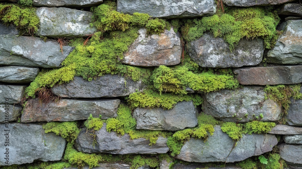Stone wall with a rich texture of moss growing in between stones, displaying natural wear and a complex pattern of earthy greens and grays Stone wall with a rich texture of moss growing in between stones, displaying natural wear and a complex pattern of earthy greens and grays