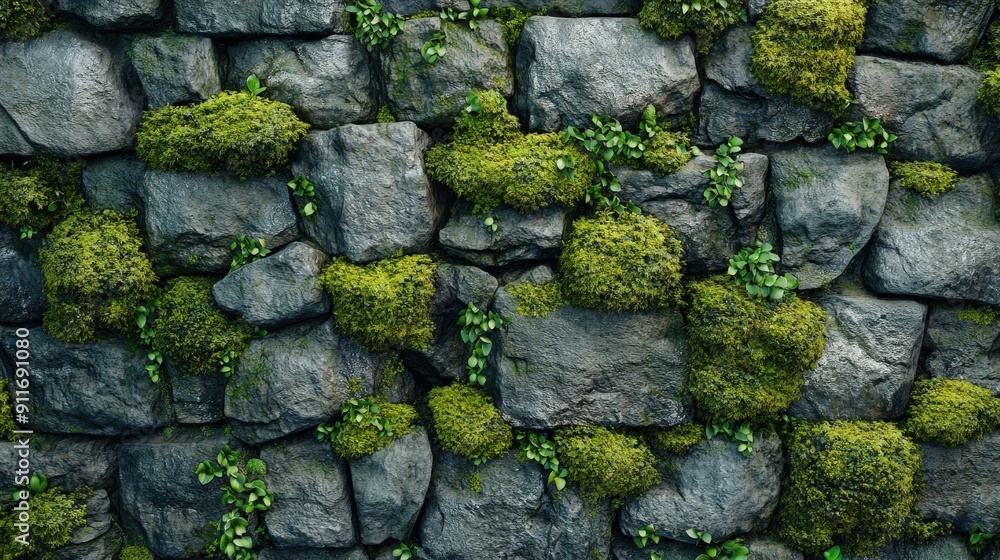 Moss-covered stone wall showcasing an intricate pattern of green moss interspersed with rugged stone textures, creating a visually rich and natural backdrop Moss-covered stone wall showcasing an intricate pattern of green moss interspersed with rugged stone textures, creating a visually rich and natural backdrop