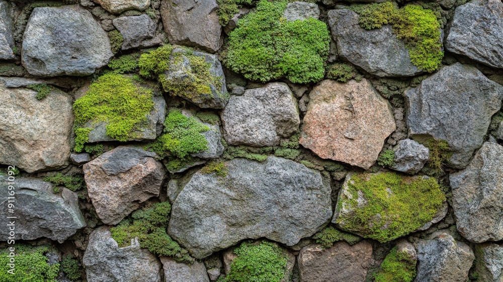 Stone wall surface with an elaborate pattern of moss covering the stones, blending various shades of green and gray, highlighting natural weathering Stone wall surface with an elaborate pattern of moss covering the stones, blending various shades of green and gray, highlighting natural weathering