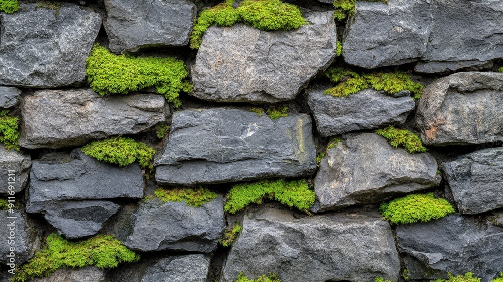 Patterned stone wall with moss growth accentuating the surface texture, showcasing a combination of natural moss and stone elements in a detailed layout Patterned stone wall with moss growth accentuating the surface texture, showcasing a combination of natural moss and stone elements in a detailed layout