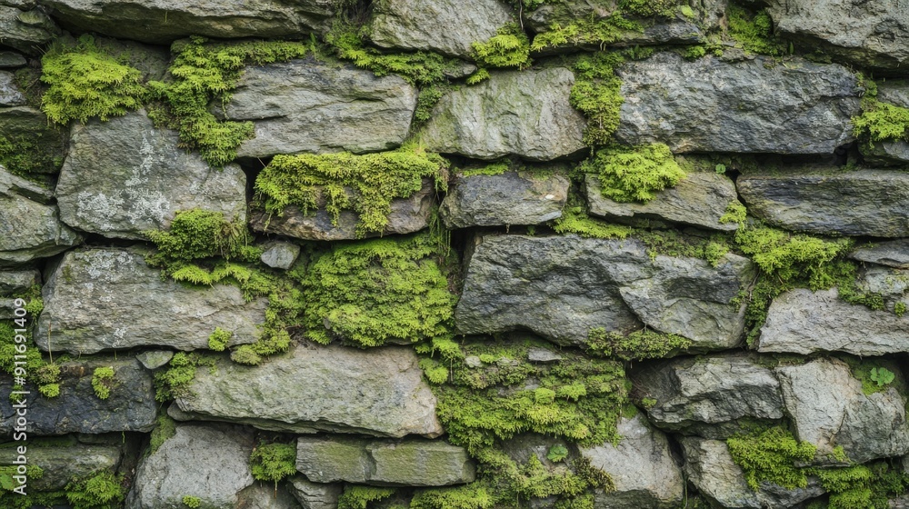 Stone wall with a rich texture of moss growing across the surface, creating a complex pattern of green and gray, reflecting natural wear and age Stone wall with a rich texture of moss growing across the surface, creating a complex pattern of green and gray, reflecting natural wear and age