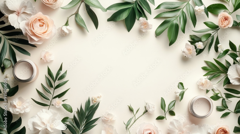 Naklejka premium Elegant floral arrangement with roses and green leaves on a white background, perfect for wedding invitations and romantic themes.