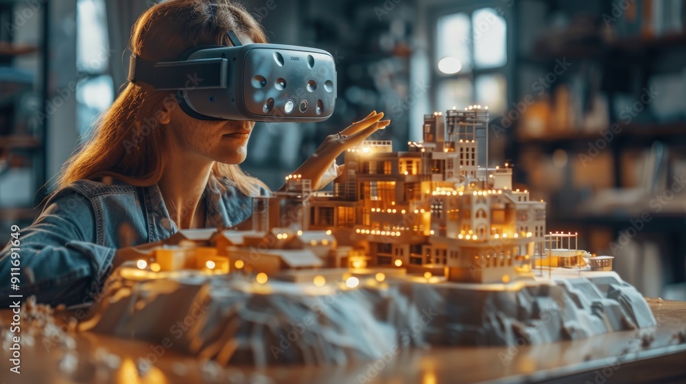 Fototapeta premium Woman Exploring Virtual Reality Architecture