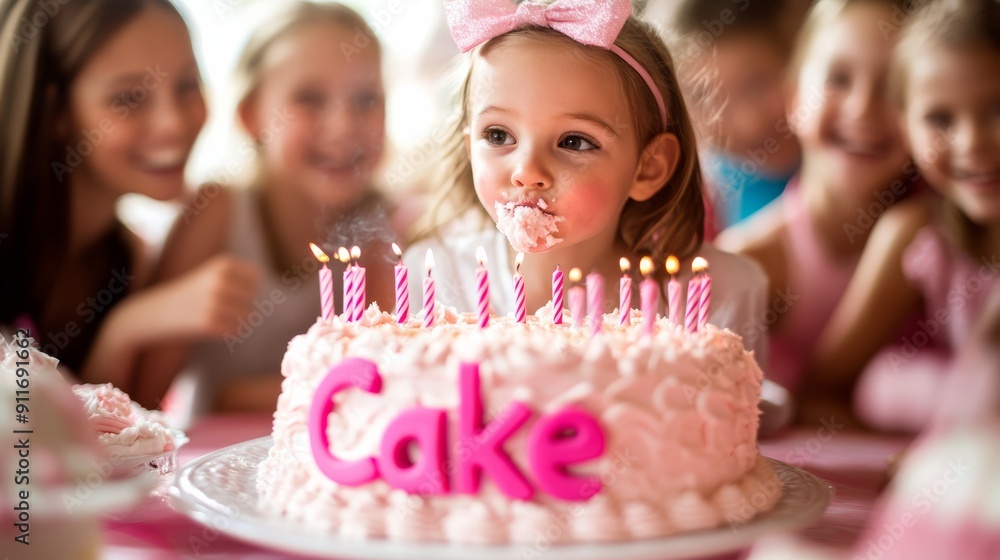 Happy Birthday Celebration with Pink Cake Text and Smiling Friends in Magical Setting Happy Birthday Celebration with Pink Cake Text and Smiling Friends in Magical Setting