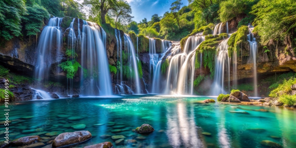 Serene Waterfall Cascade in Lush Forest, Waterfall , Landscape , Nature , Green Serene Waterfall Cascade in Lush Forest, Waterfall , Landscape , Nature , Green